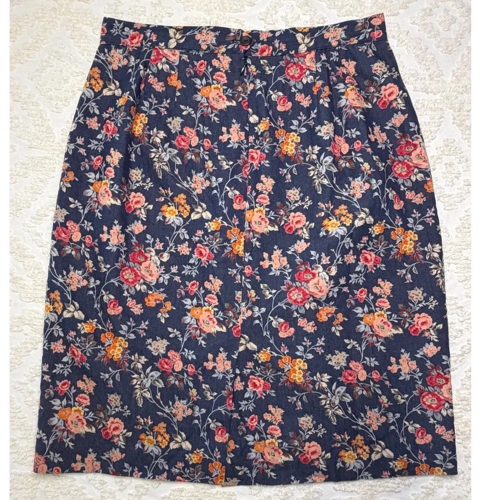 Lulu Alexander Floral Pencil Skirt Navy Blue 12P Petite Vintage Cottagecore Bohi